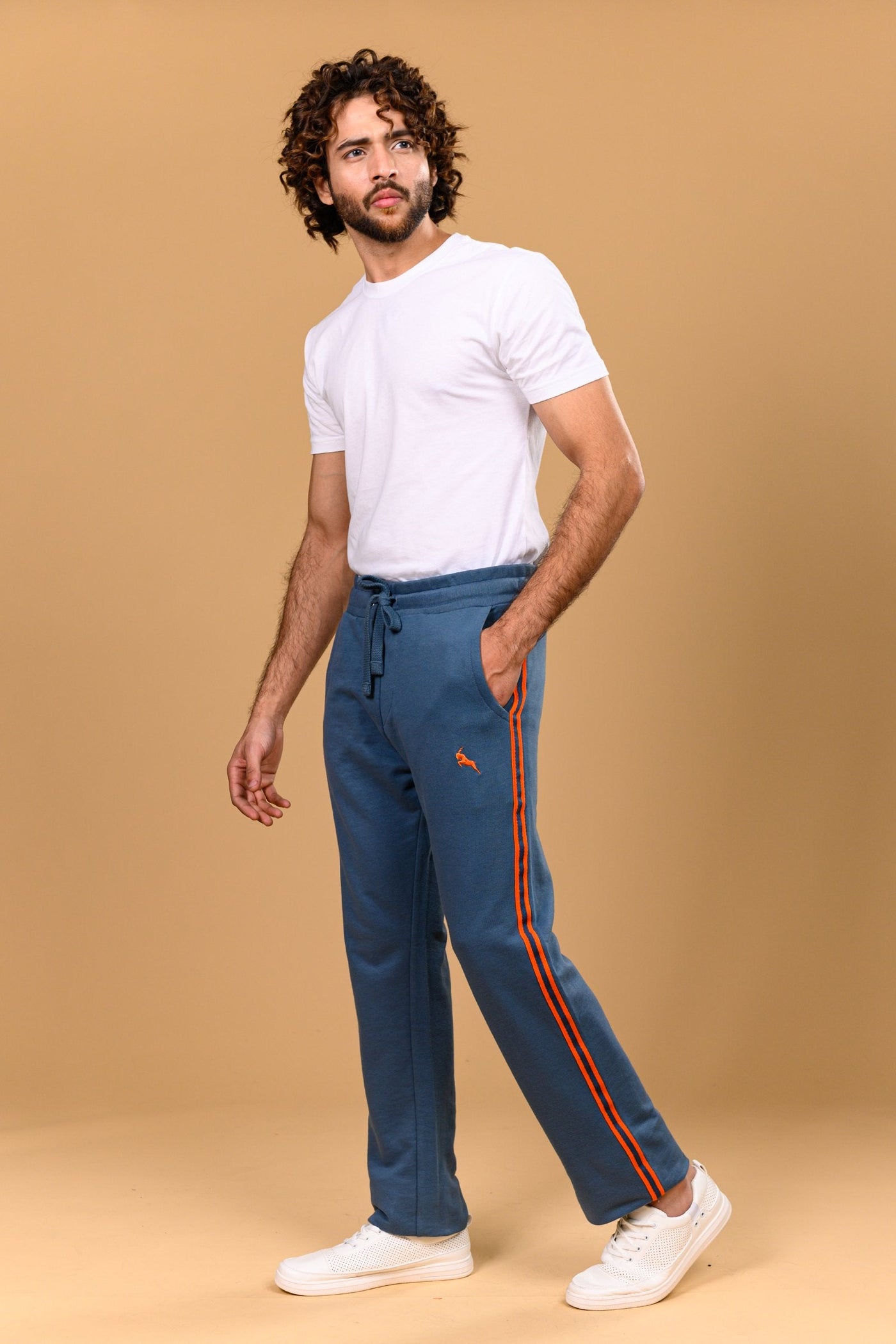 STRAIGHT TEAL TROUSER WITH ORANGE EMBROIDERY-CR04TE